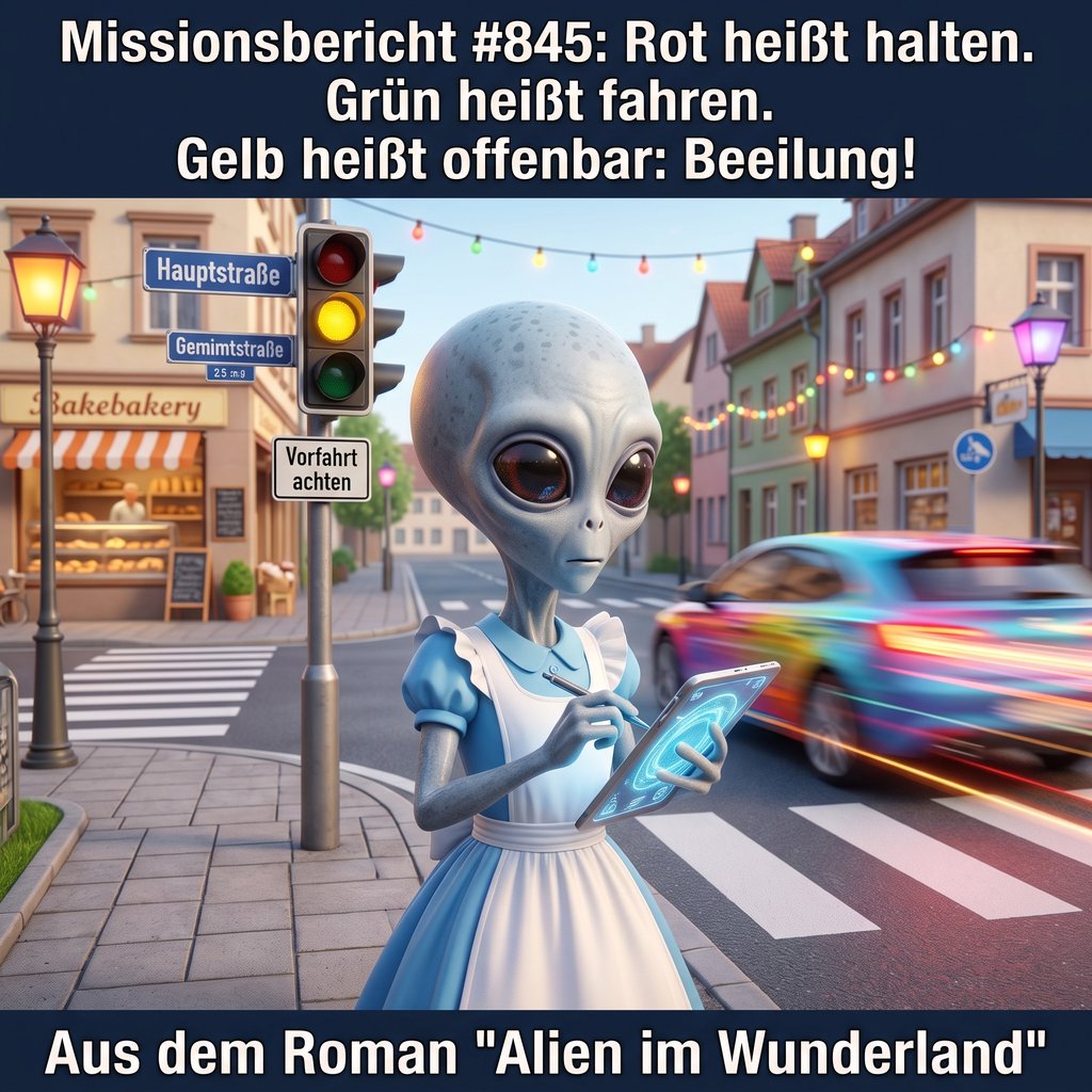 Kirk-Meme: Ein Alien mit Tablet steht an einer Ampel, die auf Gelb steht, während ein Auto vorbeirast. Rot heißt halten, Grün heißt fahren, Gelb heißt offenbar Beeilung — Aus dem Roman Alien im Wunderland